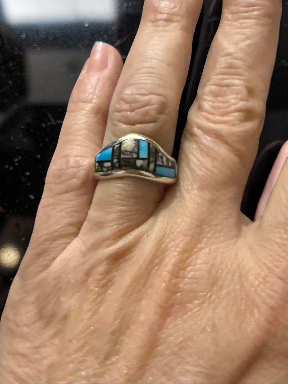 Turquoise Inlay Silver Ring - Blue Mosaic Design - Picture 4 of 5